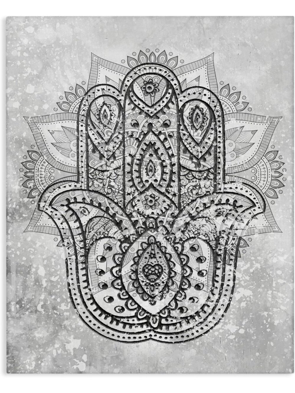 Intricate Hamsa Hand Canvas Art | Black & Grey Wall Decor | Spiritual Symbol